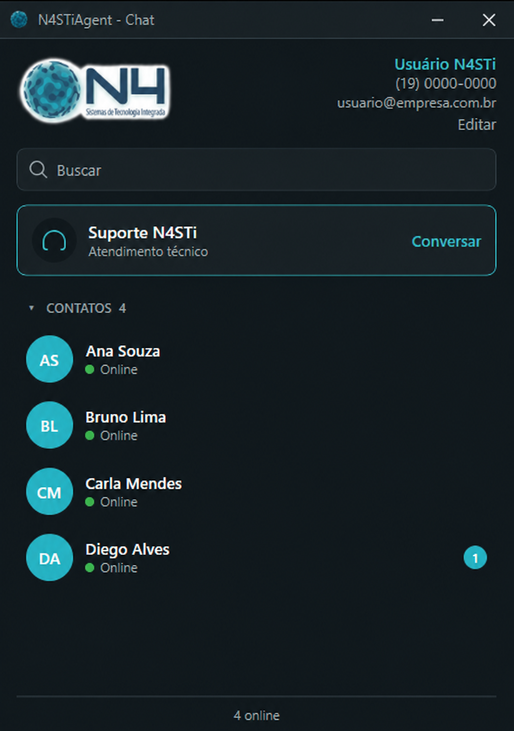 Chat do executável N4STi Agent com acesso ao suporte técnico e lista de contatos online para comunicação interna