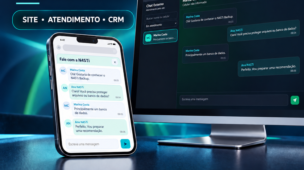 Chat Externo N4STi mostrando o widget do visitante e a conversa atendida pela central integrada ao CRM